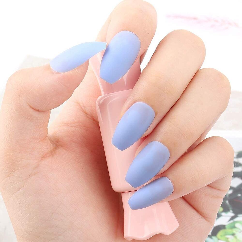Blue Glossy Long Tapered Coffin Press On Nails Fake False 24 Pc Nail Set